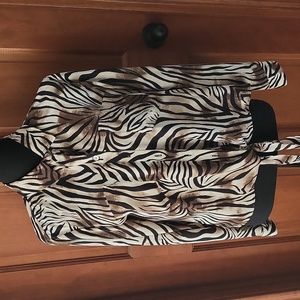 Black,brown and tan leopard print long sleeve shirt with tie at waist.